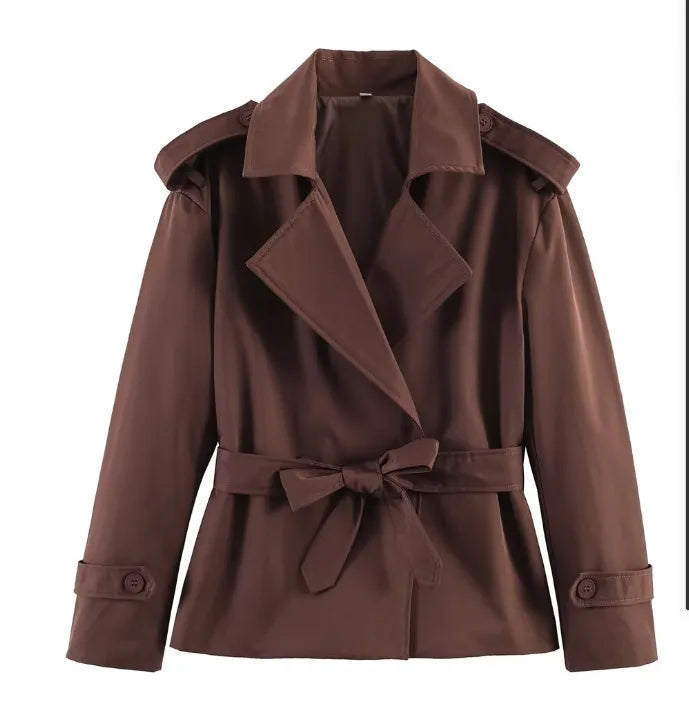Women's Solid Color Belted Short Trench Coat Jacket