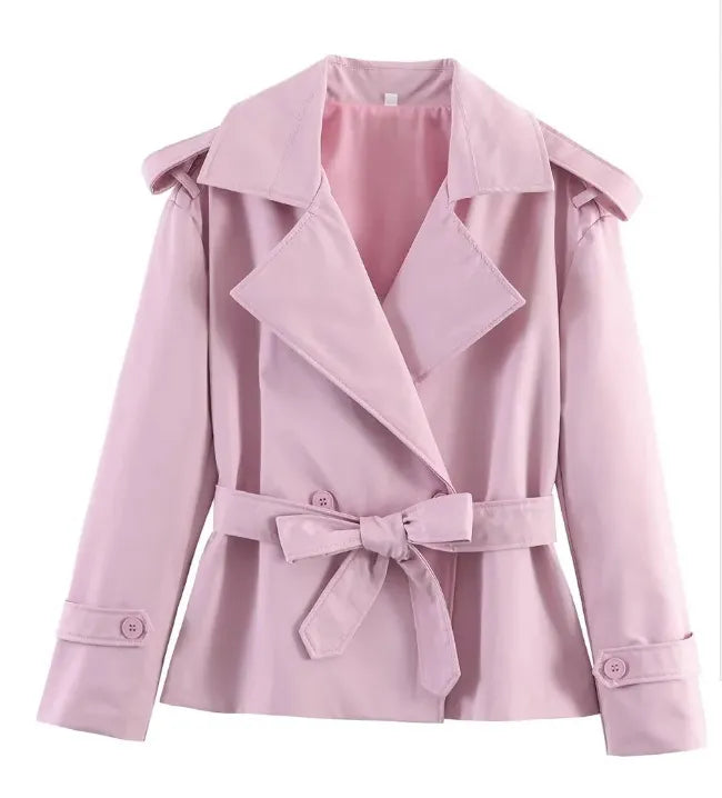 Women's Solid Color Belted Short Trench Coat Jacket