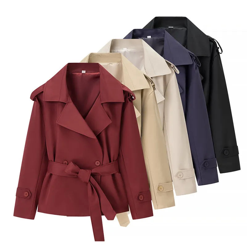 Women's Solid Color Belted Short Trench Coat Jacket