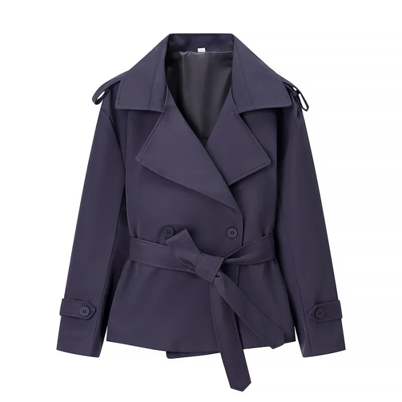 Women's Solid Color Belted Short Trench Coat Jacket