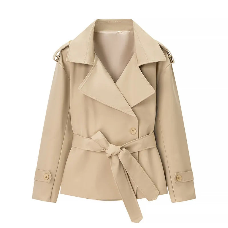 Women's Solid Color Belted Short Trench Coat Jacket