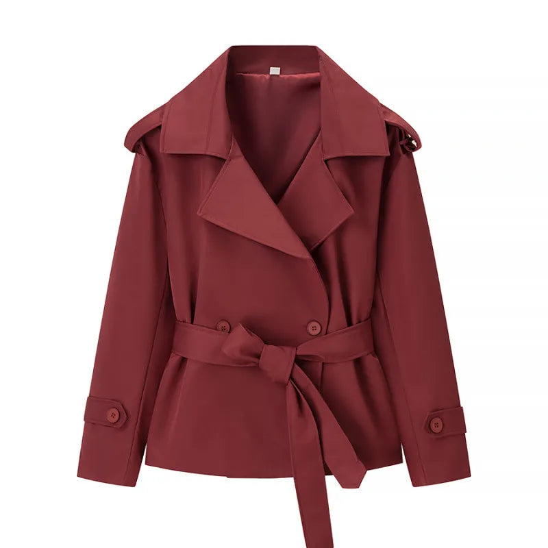 Women's Solid Color Belted Short Trench Coat Jacket