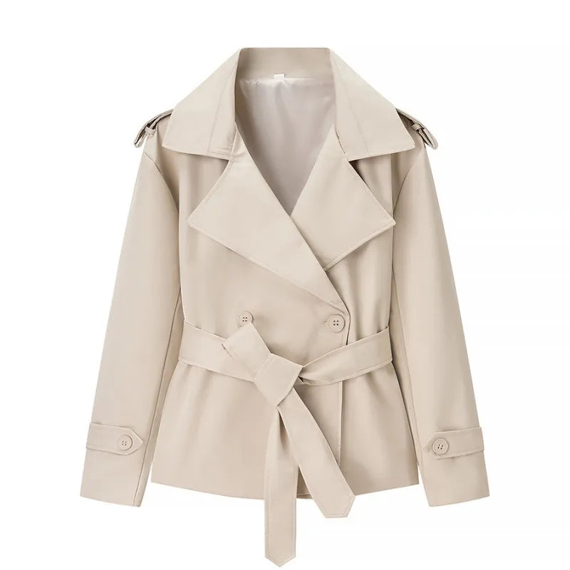 Women's Solid Color Belted Short Trench Coat Jacket