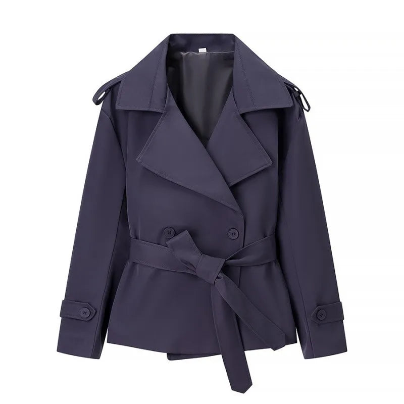 Women's Solid Color Belted Short Trench Coat Jacket