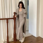 Women's Solid Color Knit Cardigan and Midi Dress Two-Piece Set