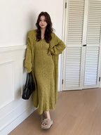 Women's Solid Color Knit Cardigan and Midi Dress Two-Piece Set