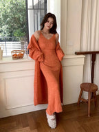 Women's Solid Color Knit Cardigan and Midi Dress Two-Piece Set