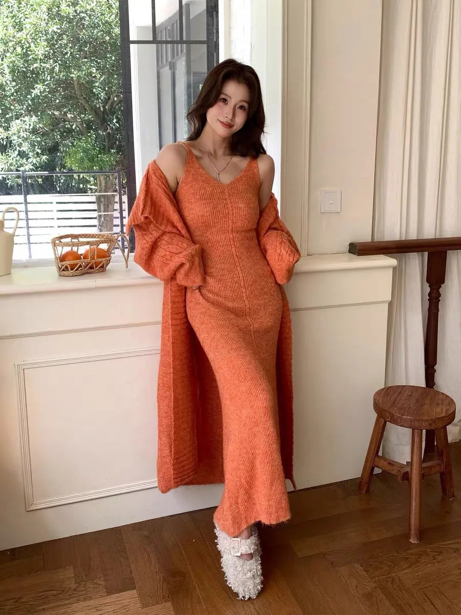 Women's Solid Color Knit Cardigan and Midi Dress Two-Piece Set