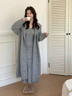 Women's Solid Color Knit Cardigan and Midi Dress Two-Piece Set