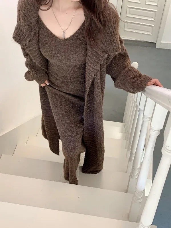 Women's Solid Color Knit Cardigan and Midi Dress Two-Piece Set