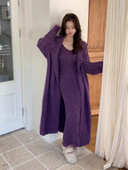 Women's Solid Color Knit Cardigan and Midi Dress Two-Piece Set