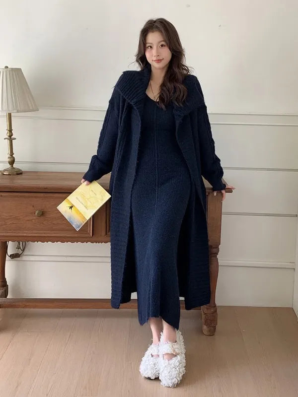 Women's Solid Color Knit Cardigan and Midi Dress Two-Piece Set