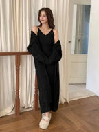 Women's Solid Color Knit Cardigan and Midi Dress Two-Piece Set