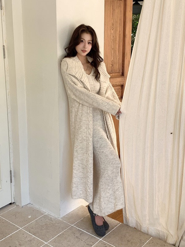 Women's Solid Color Knit Cardigan and Midi Dress Two-Piece Set