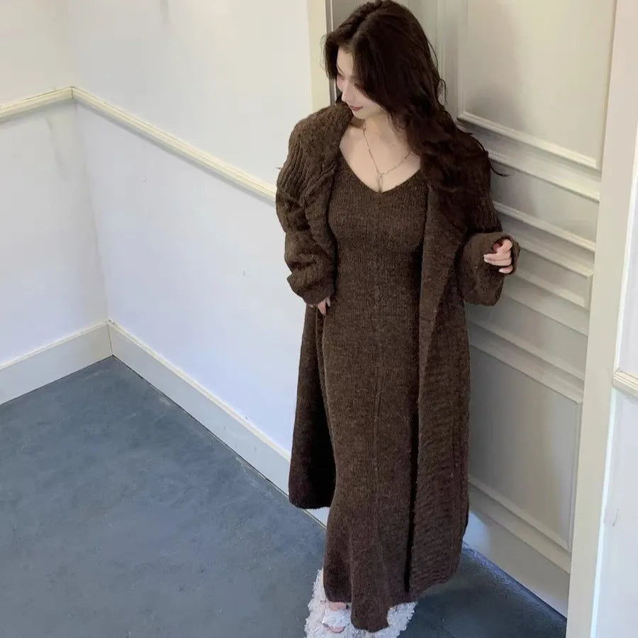 Women's Solid Color Knit Cardigan and Midi Dress Two-Piece Set