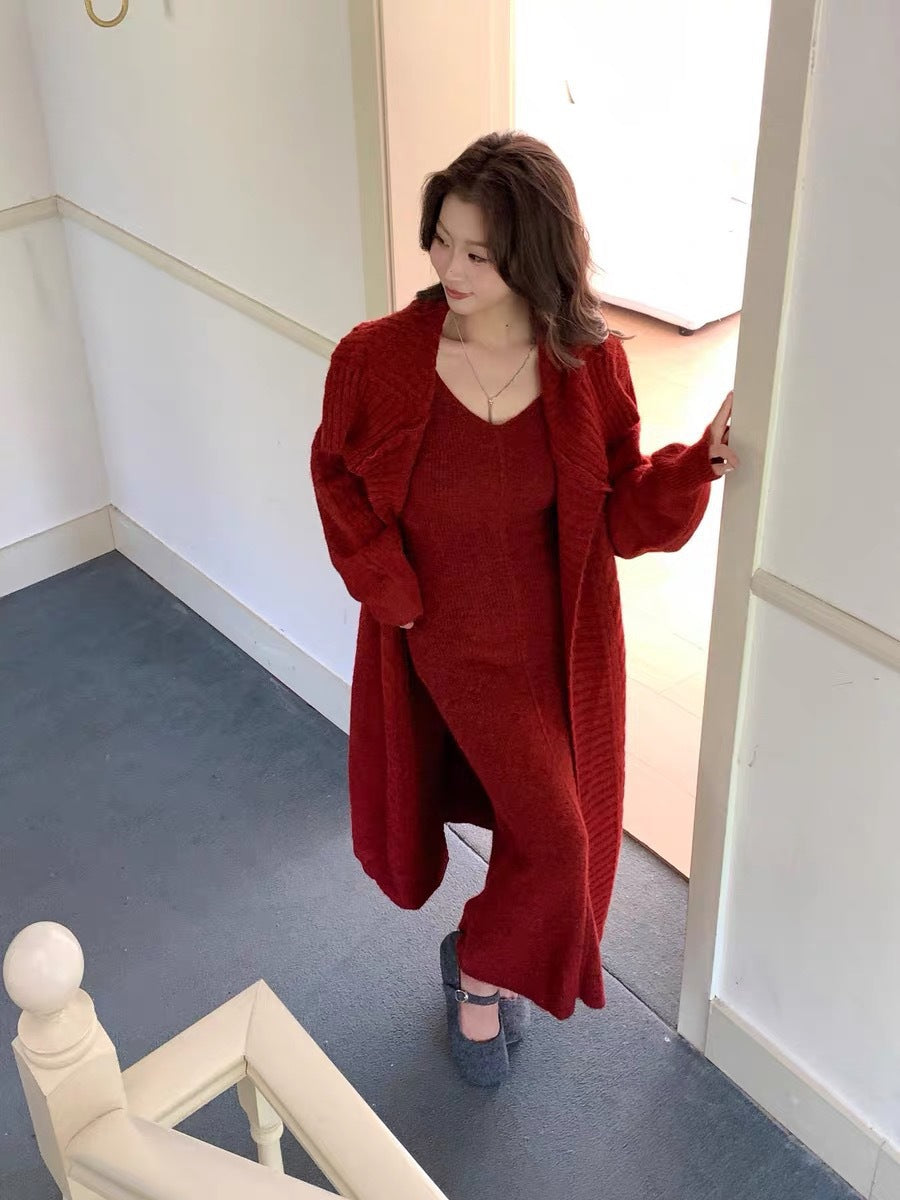Women's Solid Color Knit Cardigan and Midi Dress Two-Piece Set