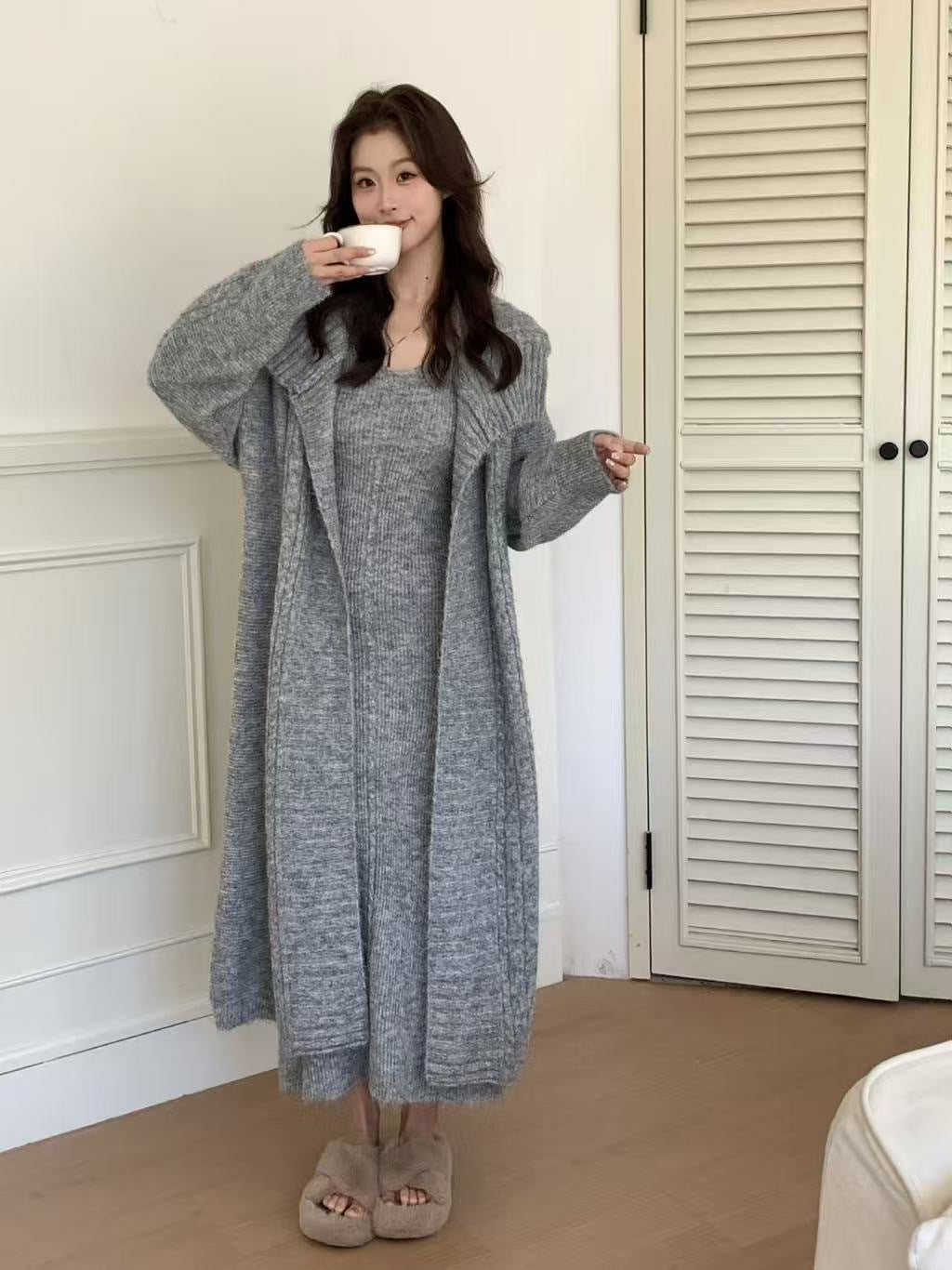 Women's Solid Color Knit Cardigan and Midi Dress Two-Piece Set