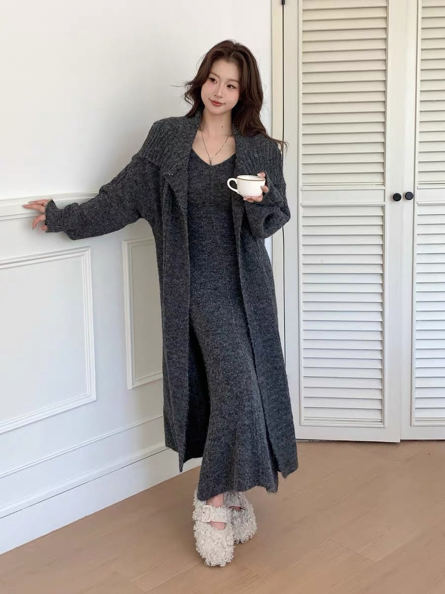 Women's Solid Color Knit Cardigan and Midi Dress Two-Piece Set