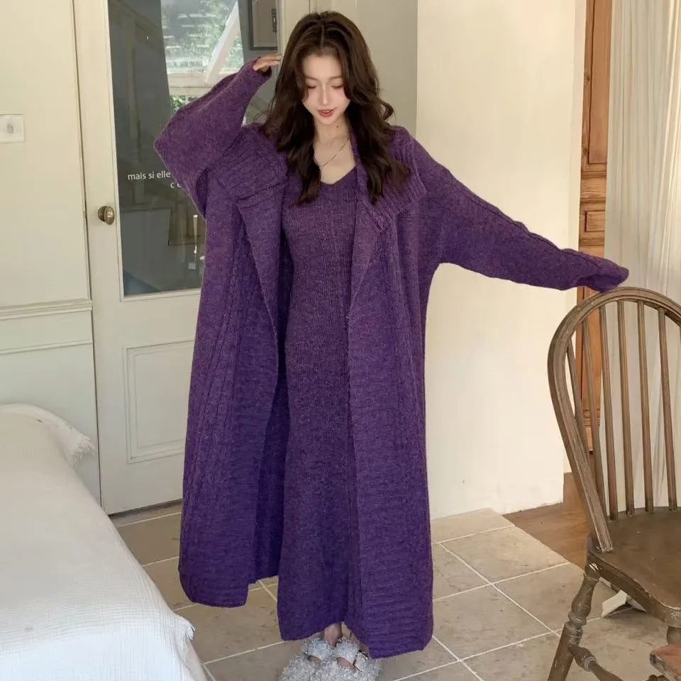 Women's Solid Color Knit Cardigan and Midi Dress Two-Piece Set