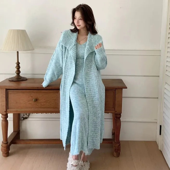 Women's Solid Color Knit Cardigan and Midi Dress Two-Piece Set