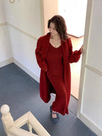 Women's Solid Color Knit Cardigan and Midi Dress Two-Piece Set