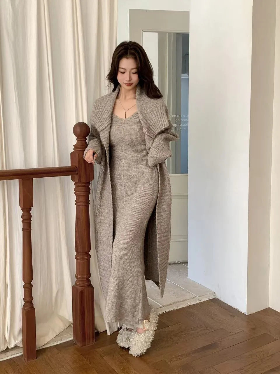 Women's Solid Color Knit Cardigan and Midi Dress Two-Piece Set