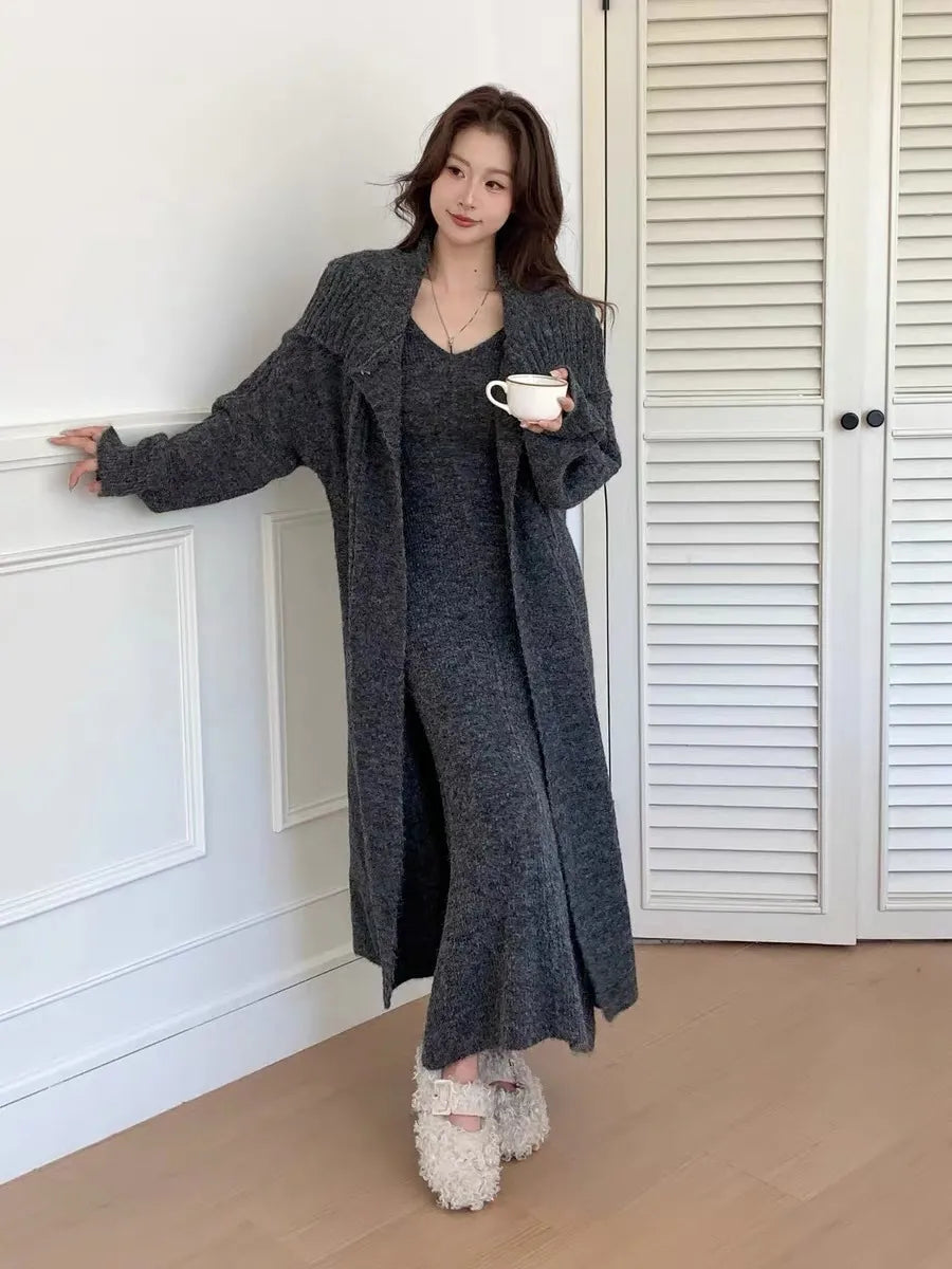 Women's Solid Color Knit Cardigan and Midi Dress Two-Piece Set