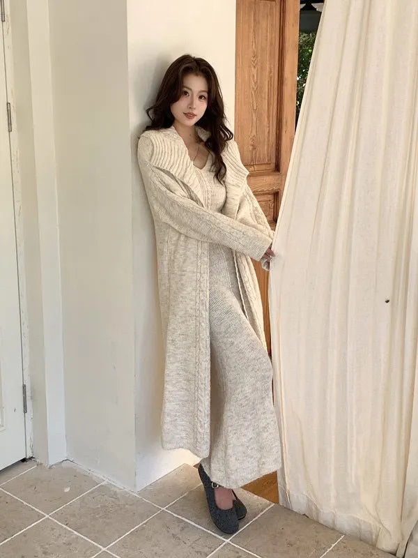 Women's Solid Color Knit Cardigan and Midi Dress Two-Piece Set