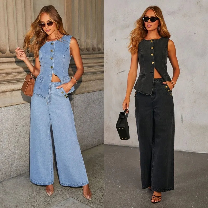 Women's Solid Color Sleeveless Button-Front Denim Vest and Wide Leg Pants Set