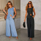 Women's Solid Color Sleeveless Button-Front Denim Vest and Wide Leg Pants Set