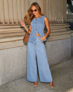 Women's Solid Color Sleeveless Button-Front Denim Vest and Wide Leg Pants Set