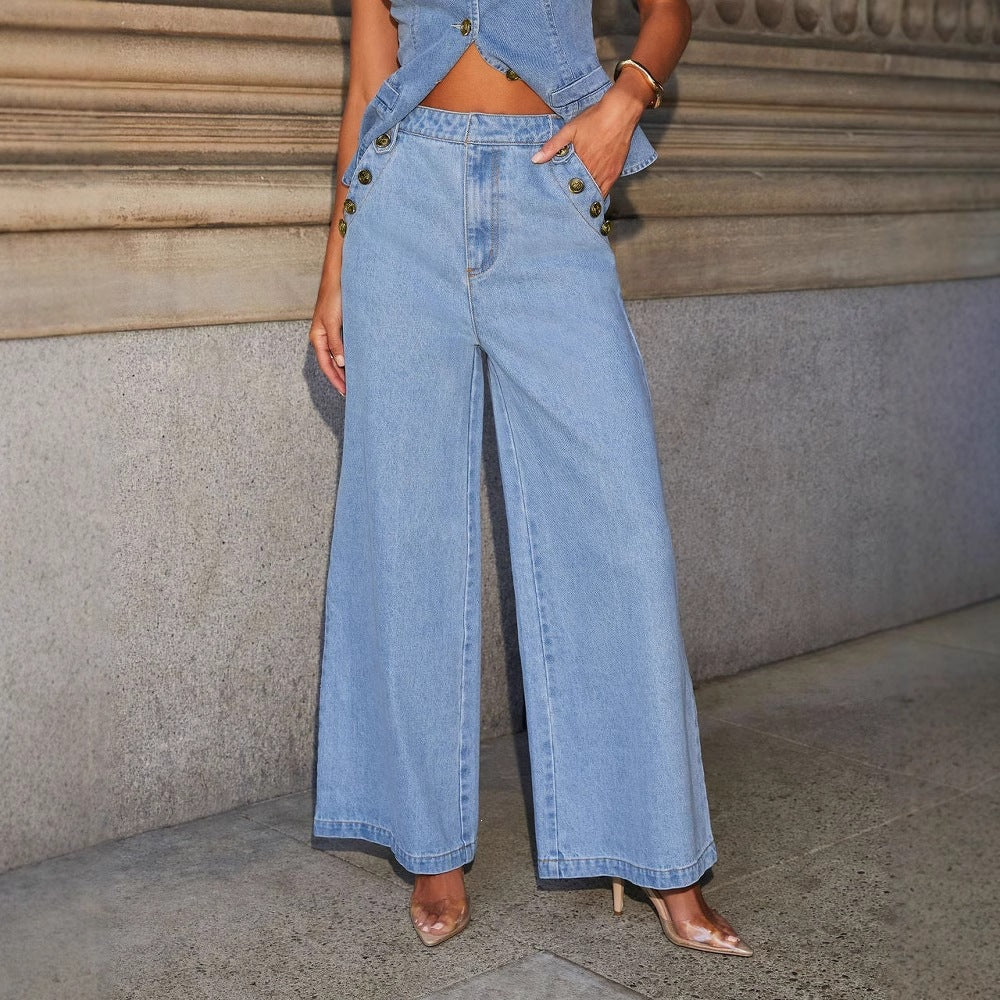 Women's Solid Color Sleeveless Button-Front Denim Vest and Wide Leg Pants Set