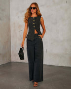Women's Solid Color Sleeveless Button-Front Denim Vest and Wide Leg Pants Set