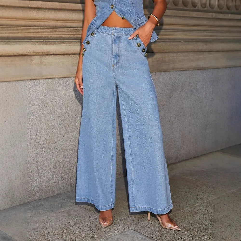 Women's Solid Color Sleeveless Button-Front Denim Vest and Wide Leg Pants Set