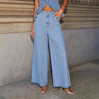 Women's Solid Color Sleeveless Button-Front Denim Vest and Wide Leg Pants Set
