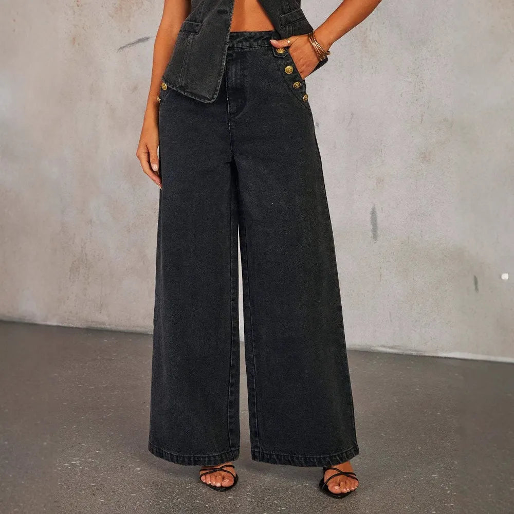 Women's Solid Color Sleeveless Button-Front Denim Vest and Wide Leg Pants Set