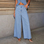 Women's Solid Color Sleeveless Button-Front Denim Vest and Wide Leg Pants Set