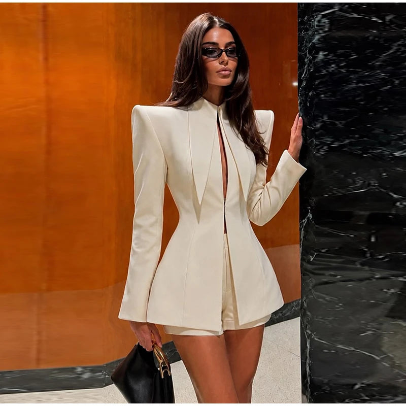 Women's Solid Stand Collar Blazer Shorts Set Office Outfit