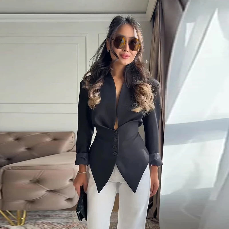 Women's Solid Stand Collar Blazer Shorts Set Office Outfit