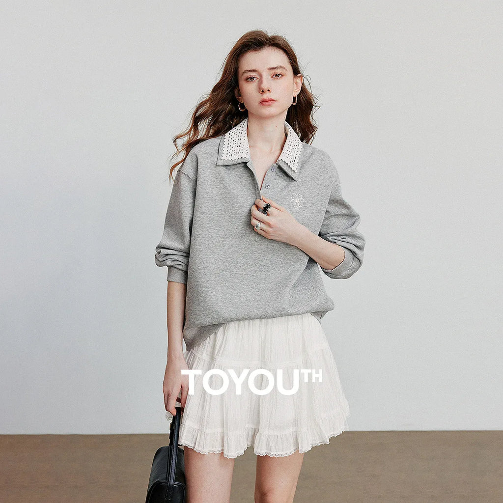 Women's Spliced Velvet Contrast Double Collar Pullover Sweatshirt