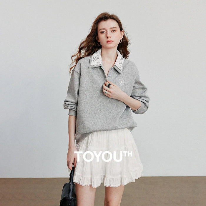 Women's Spliced Velvet Contrast Double Collar Pullover Sweatshirt