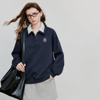 Women's Spliced Velvet Contrast Double Collar Pullover Sweatshirt
