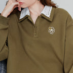 Women's Spliced Velvet Contrast Double Collar Pullover Sweatshirt