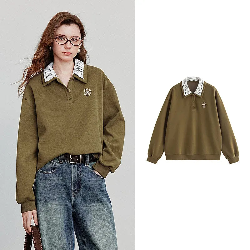 Women's Spliced Velvet Contrast Double Collar Pullover Sweatshirt