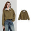 Women's Spliced Velvet Contrast Double Collar Pullover Sweatshirt