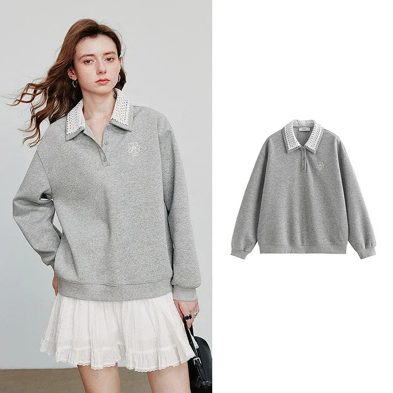 Women's Spliced Velvet Contrast Double Collar Pullover Sweatshirt