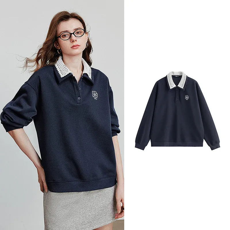 Women's Spliced Velvet Contrast Double Collar Pullover Sweatshirt