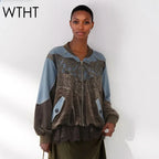 Women's Spliced Velvet Lace Contrast Denim Jacket