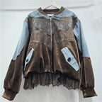 Women's Spliced Velvet Lace Contrast Denim Jacket