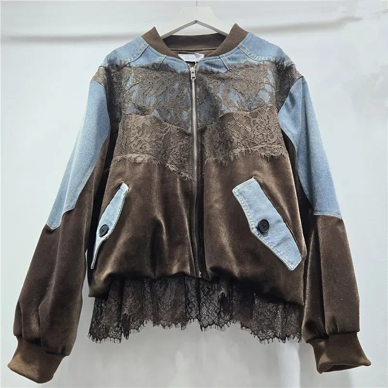 Women's Spliced Velvet Lace Contrast Denim Jacket